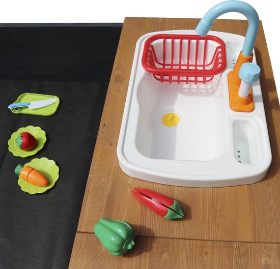 Bac à sable AXI Kelly avec cuisine jouet, anthracite/marron - Lavabo avec lot d'accessoires de 17 pièces - Bâche de protection et toile de sol incluses