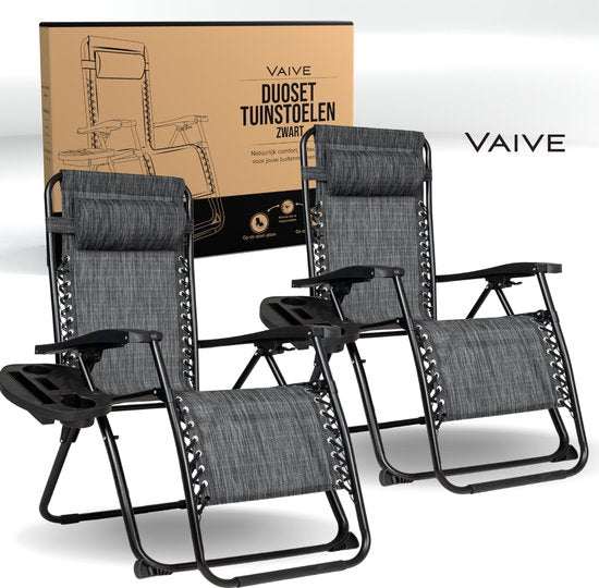 Vaive Luxury Garden Chairs Duo Set - Chaise de jardin et chaise longue réglables - 30°-90° réglable - Jardin - Métal - Noir