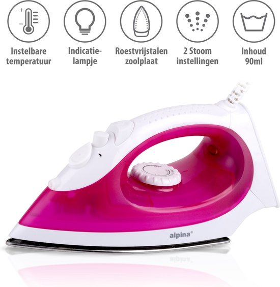 alpina Fer à vapeur - 2000 Watt - Température sans palier - Vapeur boost - Fonction spray - Semelle en acier inoxydable - Rose