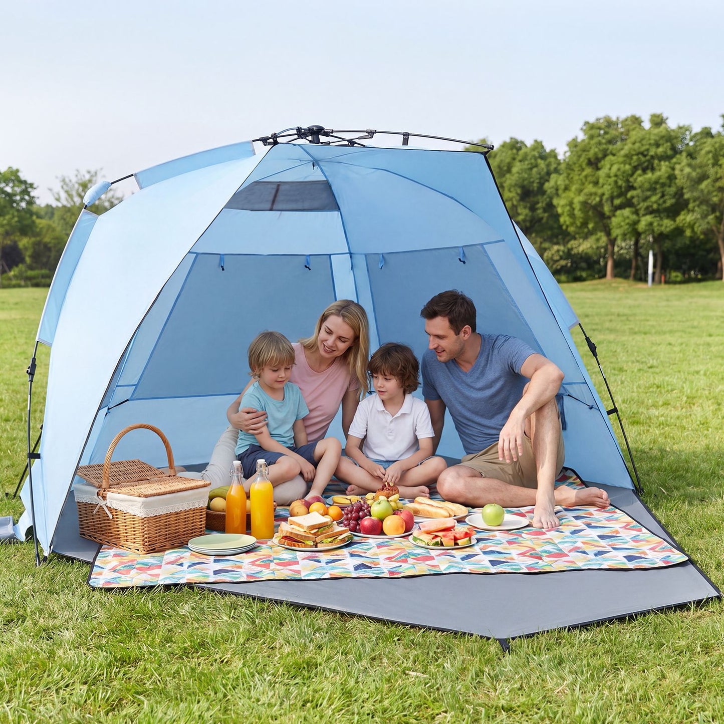 Tente de plage pop-up Coast pour 3-4 personnes - Gris/Bleu - 278 x 140 x 142 cm - Sac de transport, piquets et sacs de sable inclus