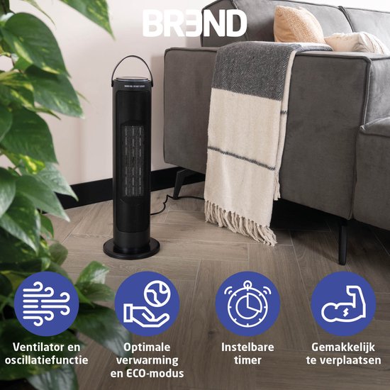BREND BR-2221 Ventilateur céramique - 2000W - Mode ECO & Thermostat 15-35°C - Chauffage électrique - Noir
