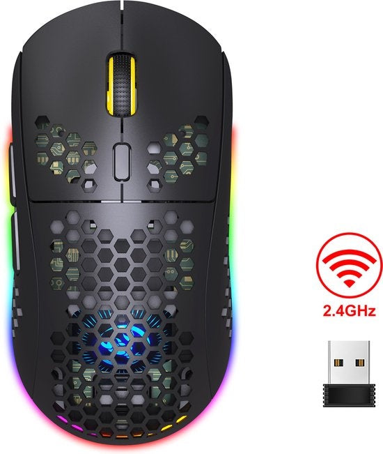 HXSJ T90 Souris de jeu sans fil 2.4G - Bluetooth - Souris d'ordinateur - Ultra légère - Eclairage RVB - Noir