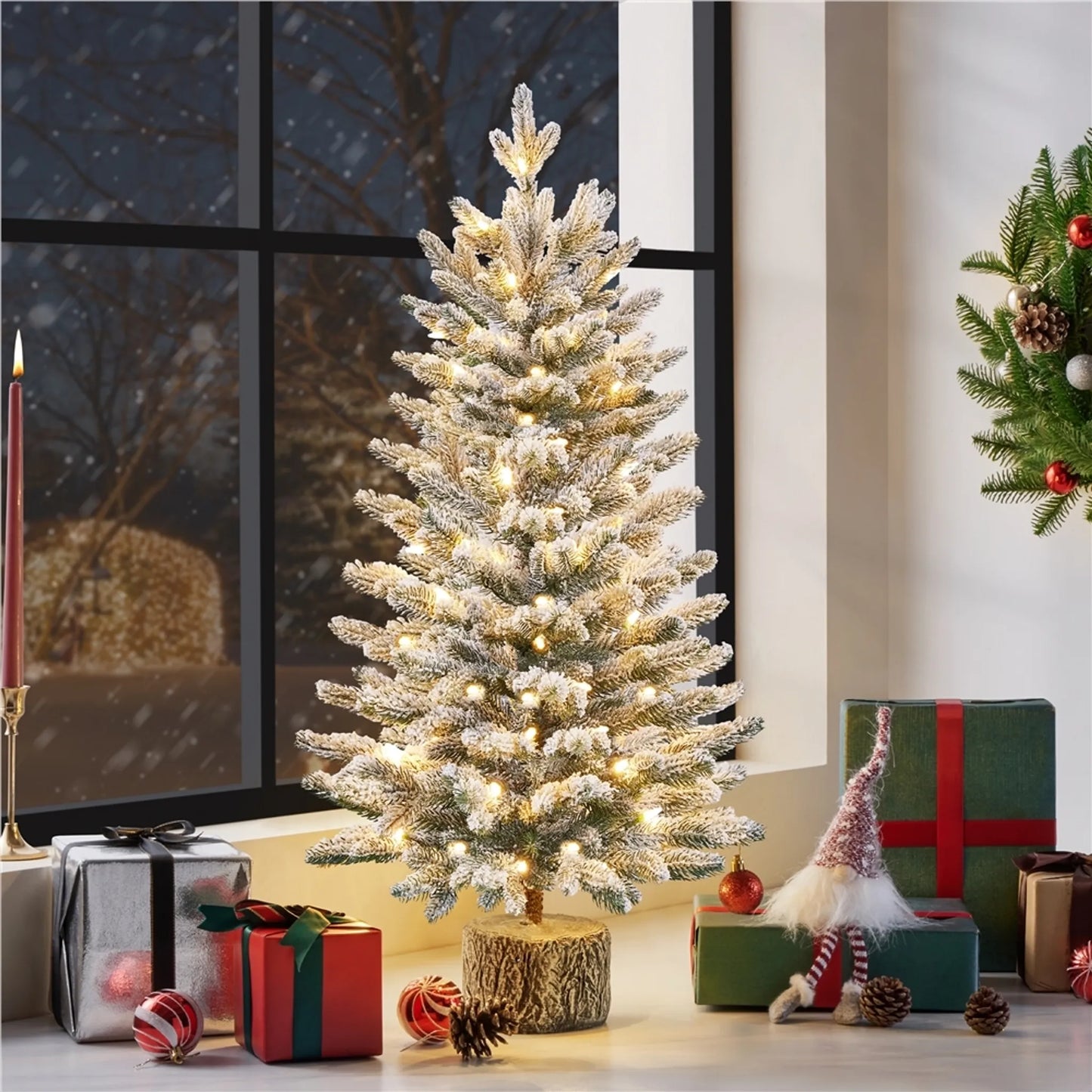 Yaheetech Sapin de Noël de table avec neige et lumières - Φ55 x 92 cm - Avec 355 branches et 50 lumières LED et un tronc réaliste - Pour rebord de fenêtre et extérieur - PVC vert et métal