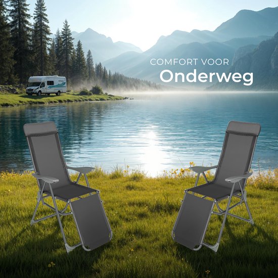 tectake® - Lot de 2 chaises pliantes - Chaises de jardin en aluminium - Pliantes avec appui-tête et repose-pieds - Chaises longues pour le jardin, la terrasse ou le balcon - Chaise de camping - Anthracite