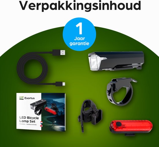 Kit d'éclairage LED rechargeable Exortus® pour vélo - Kit de feux de vélo blancs et rouges – Feux adaptés à tous les vélos (de course) - Indicateur de niveau de batterie - Résistants aux chutes et étanches - Avec mode capteur de lumière - Peuvent égalemen