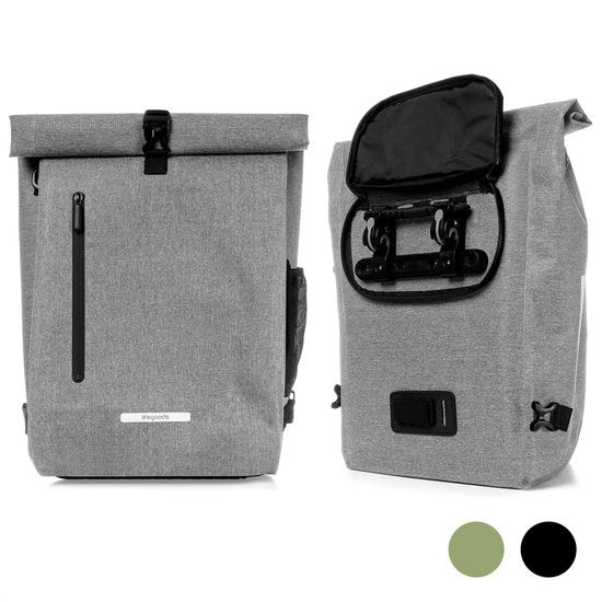 LifeGoods Single Bicycle Bag - Compact - Sac à bandoulière et sac à dos - 25L - Porte-bagages ronds - Imperméable - Gris