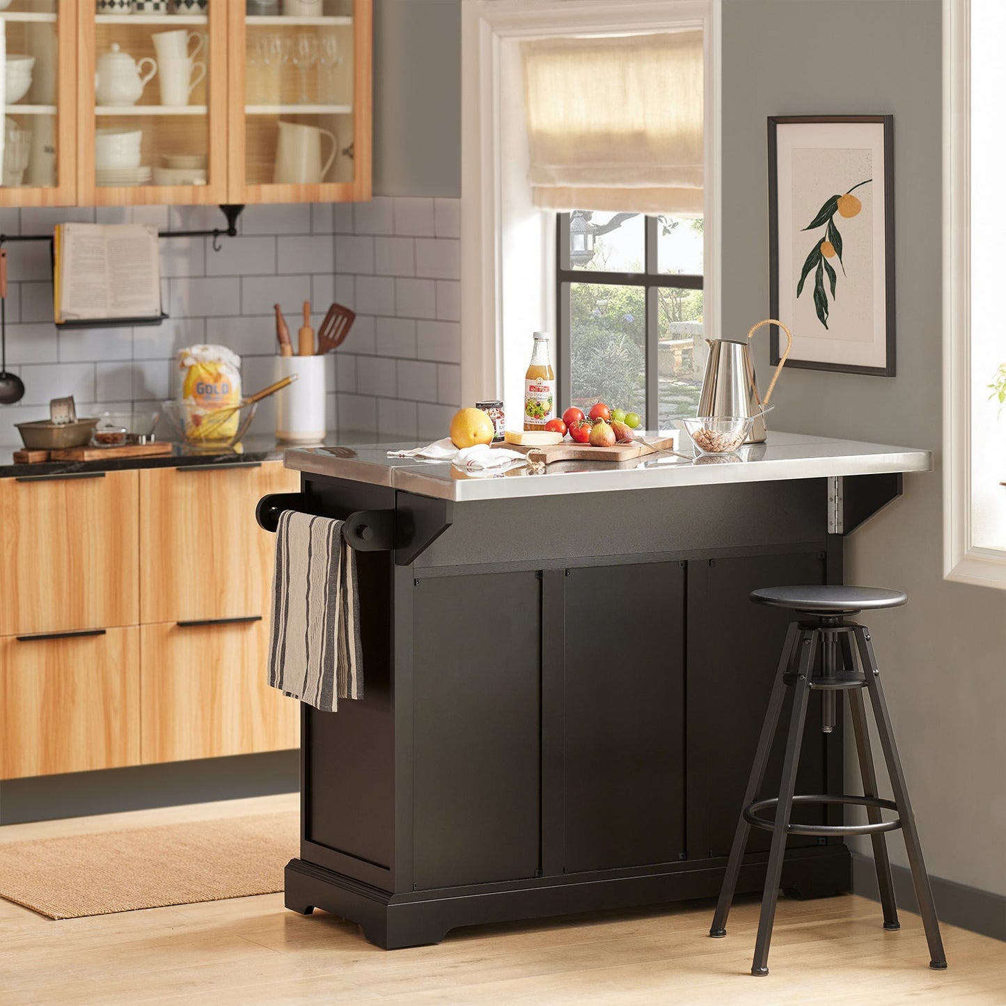 SoBuy - Ilot de cuisine avec plan de travail extensible - 115x92x46-71 cm - Noir