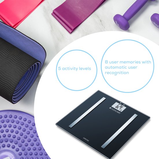 Pèse-personne Sanitas SBF 72 Bluetooth® - Analyse corporelle - Application HealthCoach gratuite - Mémoire pour 8 utilisateurs avec fonction de reconnaissance - Jusqu'à 180 kg - Arrêt automatique - Pile incluse - Garantie de 3 ans