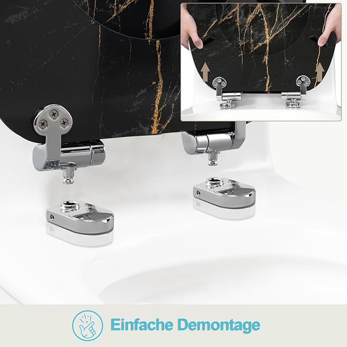 Siège de WC eSituro avec mécanisme Softclose – Universel – Équipé d'un système de fixation rapide, de patins antidérapants et d'un imprimé sur trois côtés – Pour WC et salle de bains – MDF multicolore et charnières en acier inoxydable – 375 x 440 mm
