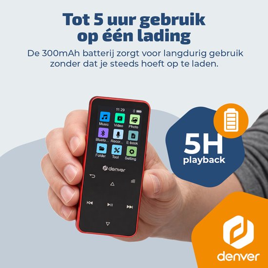 Lecteur MP3/MP4 Denver - Bluetooth - Lecture aléatoire/Répétition - Carte SD jusqu'à 128 Go - Écouteurs inclus - Dictaphone - MP1830R - Rouge