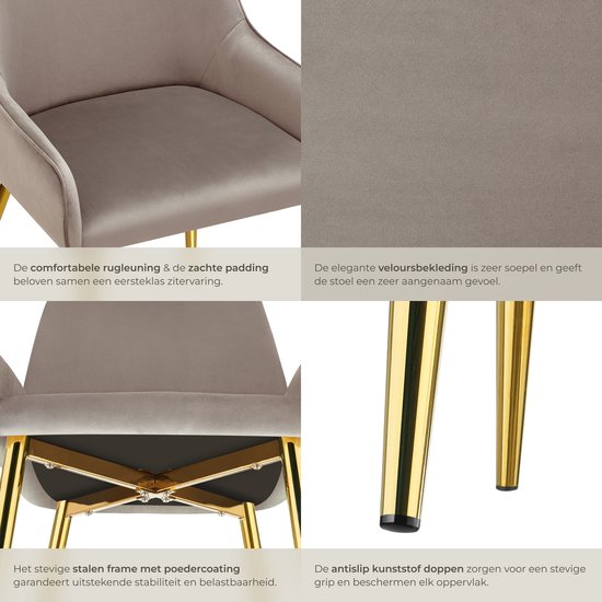 tectake® Chaise de salle à manger Avane - Aspect velours - Chaise ergonomique rembourrée avec pieds en acier doré - Capacité 120 kg - Chaise de salle à manger et de cuisine moderne - Lot de 2 - Taupe