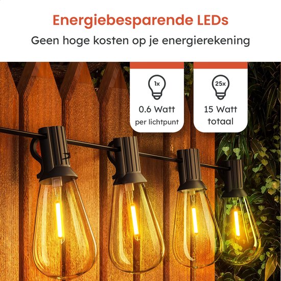 Partizzle 15m LED Guirlande lumineuse Edison - 25 Lampes - Guirlande lumineuse de Noël étanche pour terrasse extérieure et camping - Lumières de Noël / Lumières de jardin - 2700k / Blanc chaud