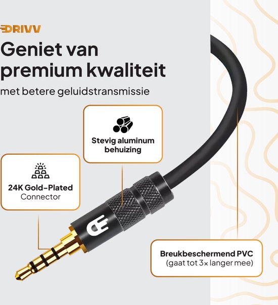 Drivv. Câble AUX 3,5 mm - Jack à Jack - Câble audio 4 pôles - Plaqué or - Mâle à Mâle - PVC - Noir - 2 mètres