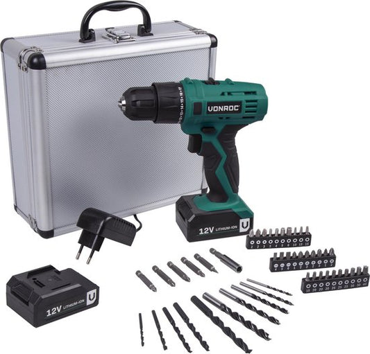 VONROC Perceuse sans fil - 12V Li-Ion - Avec mallette de rangement en aluminium, 46 accessoires, 2x batterie et chargeur