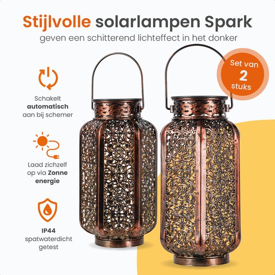 Goliving Lampe de table solaire Spark - Lampe d'extérieur - 2 pièces - Lanterne d'extérieur - Lampe de jardin solaire - Lampe d'extérieur LED - Lampe à suspension - 21 cm - Métal - Bronze