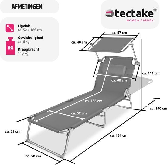tectake® - chaise longue, robuste, réglable, base en acier avec parasol, dossier à 4 positions avec coussin, chaise de plage Idéal pour le jardin, la piscine, le camping - gris