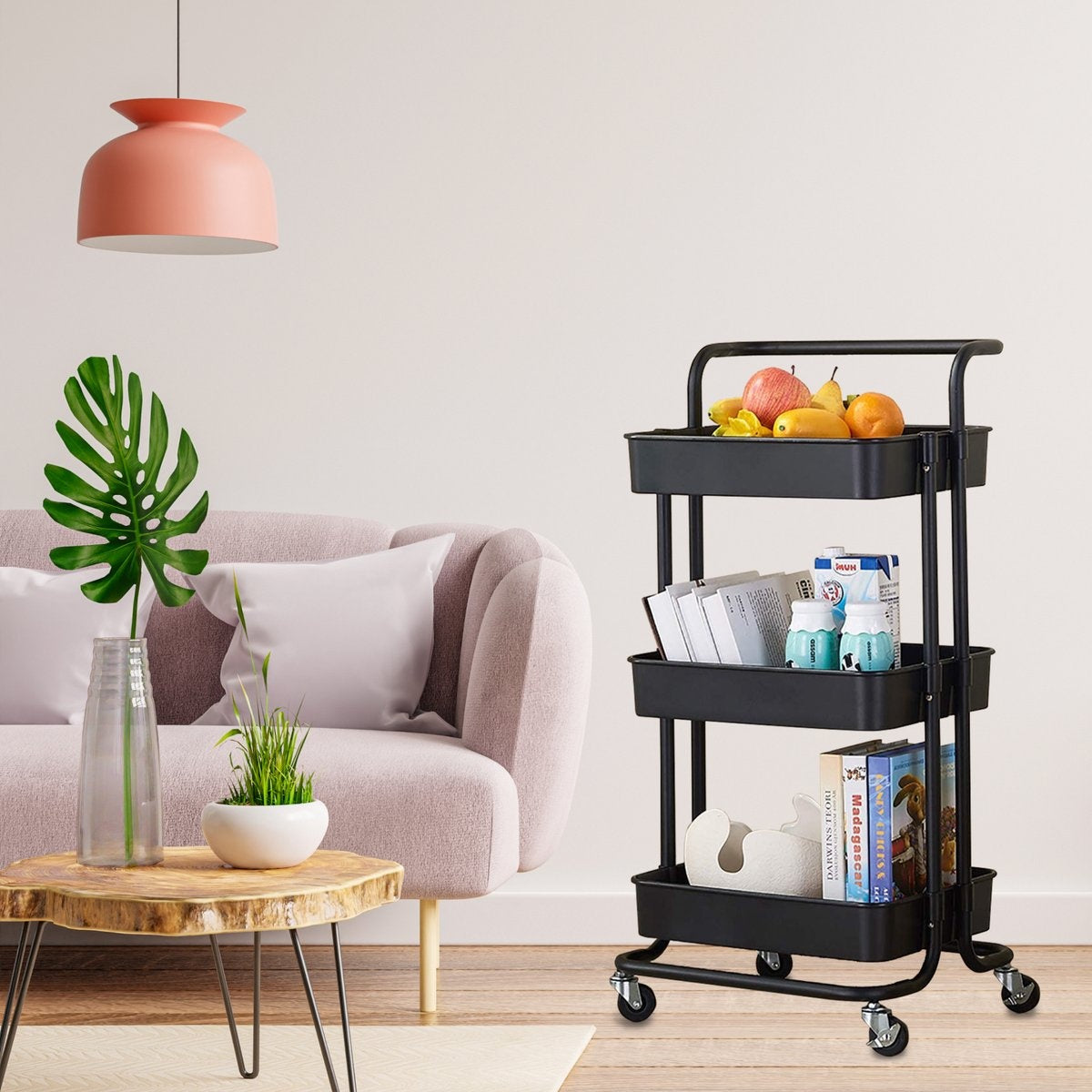 O'DADDY® Chariot de cuisine sur roulettes - chariot de service - chariot de cuisine noir - mobile et fixe - 3 étages - 86 x 43 x 36 cm