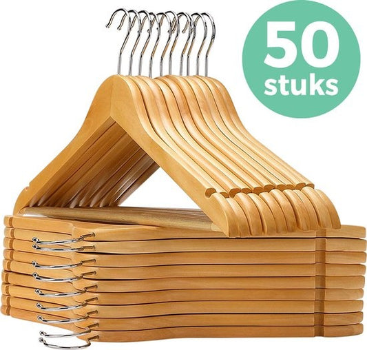 LifeGoods Cintres - Avec barre de pantalon - Bois dur - Naturel - 50 pièces
