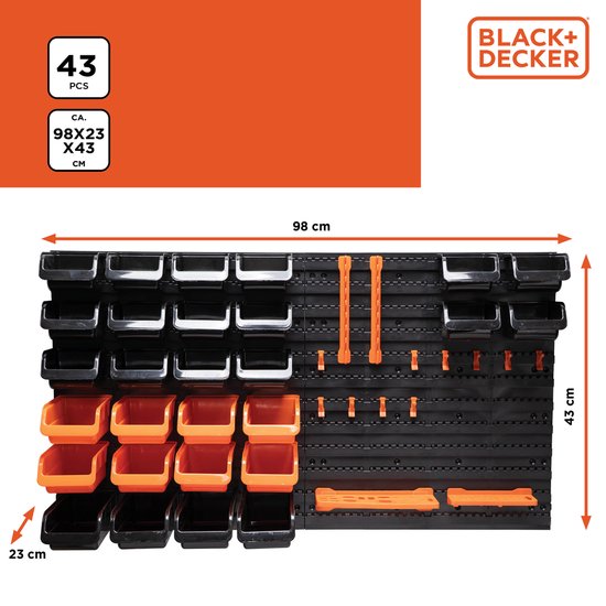 BLACK+DECKER Panneau à outils avec bacs de rangement et crochets - 98 x 23 x 43 cm - 43 pièces - Panneau mural à outils