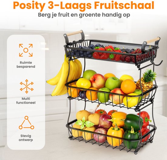 Posity Fruit Bowl 3 Layer - Fruit Basket - Fruit Etagere - Vegetable Basket - Wire Basket - With Banana Holder - Wood & Metal - Black