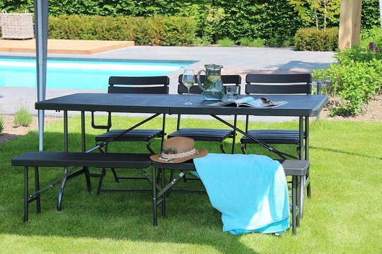ERRO Banc pique-nique - Banc de jardin pliant - Aspect bois - Noir - 180cm