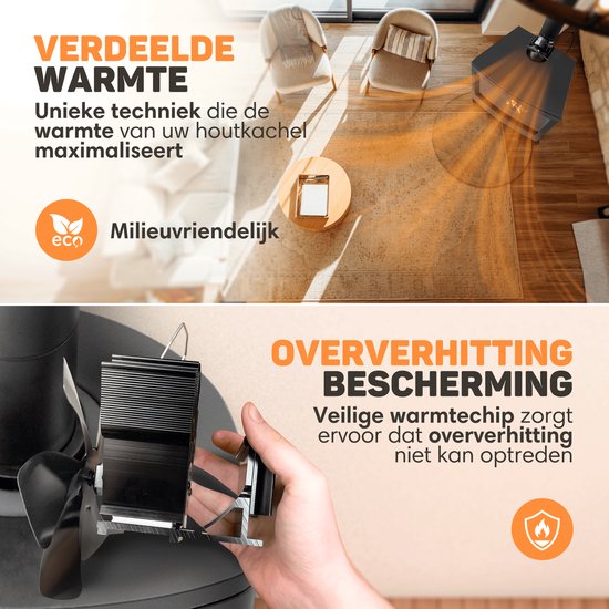 Vulpes Goods® Tech - Ventilateur de poêle à bois - Ventilateur de cheminée - Ecofan - Ventilateur de chaleur - 6 pales - Thermomètre et gant inclus - version PRO