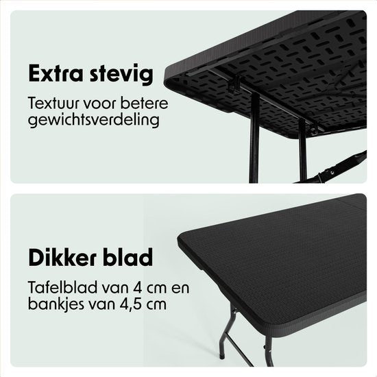LifeGoods Set de pique-nique pliable - 180cm x 74cm - Table de jardin avec 2 bancs - Résistant aux intempéries - Table de camping - Table à bière pliable - Pour l'intérieur et l'extérieur - Pour 6 à 8 personnes - Rotin Noir