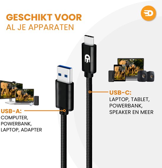 Drivv. Câble USB vers USB C - Chargeur rapide - Câble de données et de charge USB C - 3 mètres - Convient à Samsung, iPhone 15 et autres - Noir