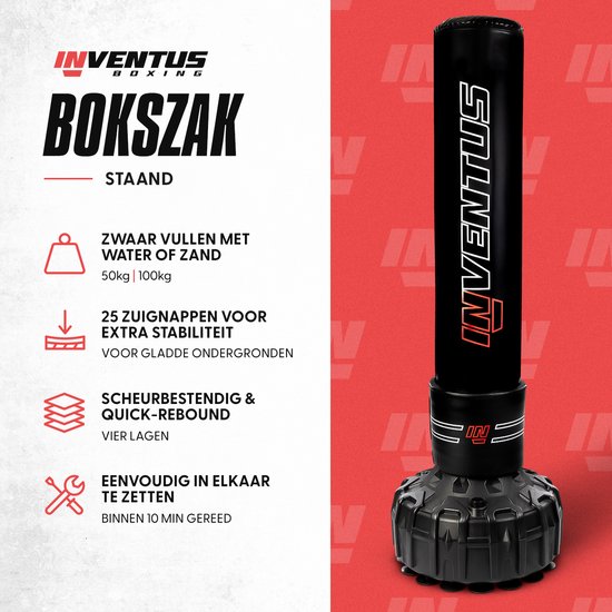 Inventus Boxing Bag Standing - 185 cm - Bâton de boxe debout - Remplissage eau / sable - Boxe et entraînement - Sac de boxe lourd - Adultes - Noir