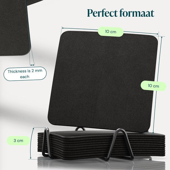 Sous-verres en simili cuir Castagnola – Sous-verres pour verres – Sous-verres design avec support – Lot de sous-verres en cuir avec support métallique – Cuir – Lot de 10 – Noir – 10 x 10 cm