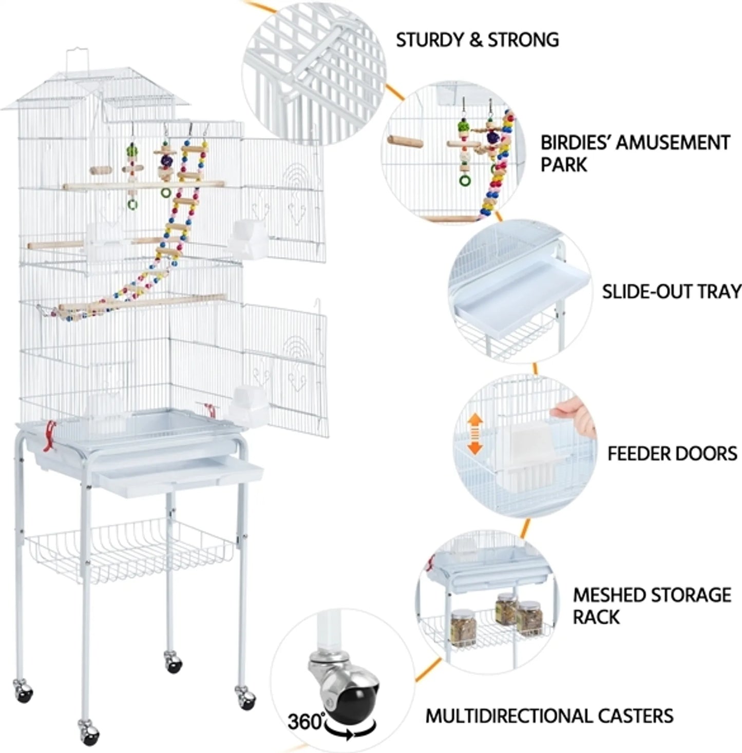 Yaheetech Cage à oiseaux avec base mobile - équipée de barreaux de 10 mm, d'un tiroir inférieur amovible et d'un ensemble de jouets - pour perruches et canaris - métal peint en blanc - 46 x 35,5 x 158,5 cm