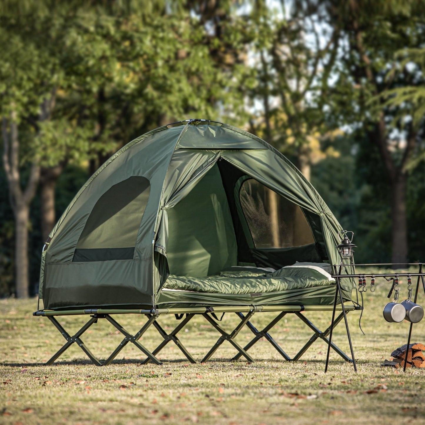 SoBuy - Lit de Camping avec Tente 2 Personnes - 193 x 145 x 188 cm & 7-In-1 Set - Inclut Airbed Schlafsäcken et Foot Pump - Pour l'extérieur et les festivals - Polyester Vert et Métal