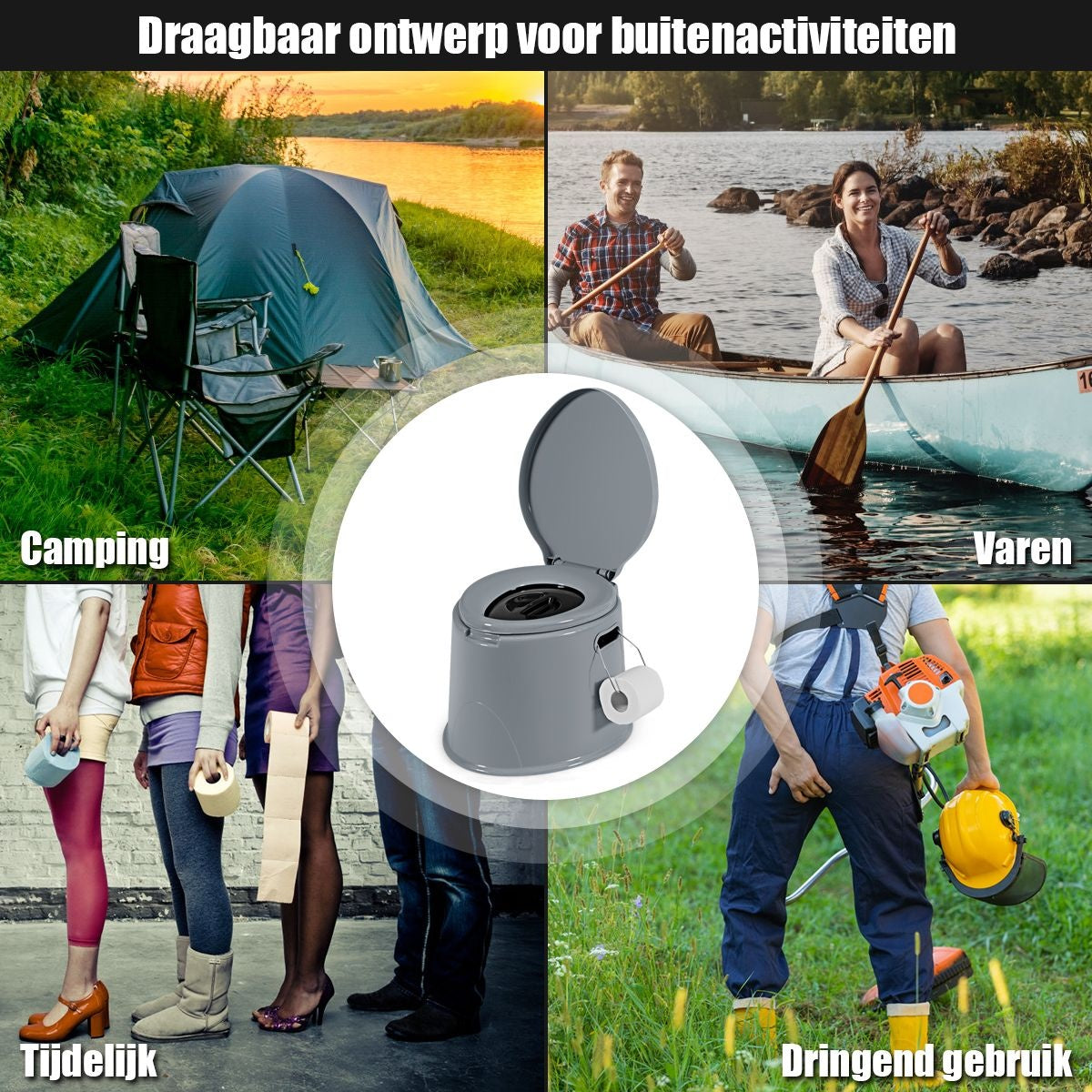 Coast Toilet Bowl portable pour le voyage - Seau intérieur amovible - Porte-papier hygiénique - 41 x 49 x 34 cm - Gris