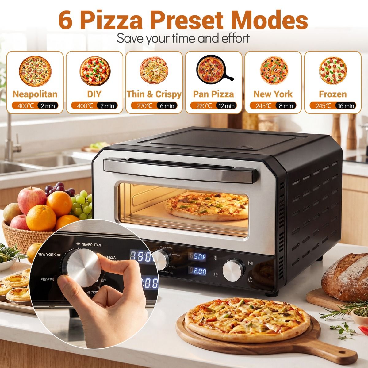 Four à pizza électrique Coast - Modèle de table avec 6 préréglages - Pour des pizzas jusqu'à 30 cm - Noir