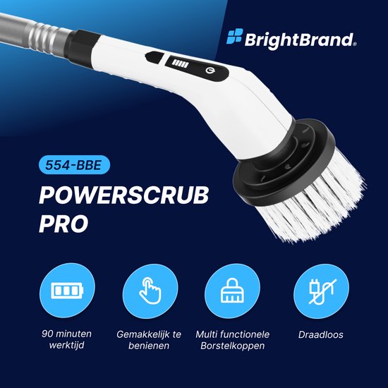 Brightbrand PowerScrub Pro - Brosse de nettoyage électrique - Brosse à récurer - Pour la salle de bain et la cuisine - Nettoyeur - Brosse à récurer avec manche - Raclette - Polisseuse - Polisseuse avec 10 accessoires