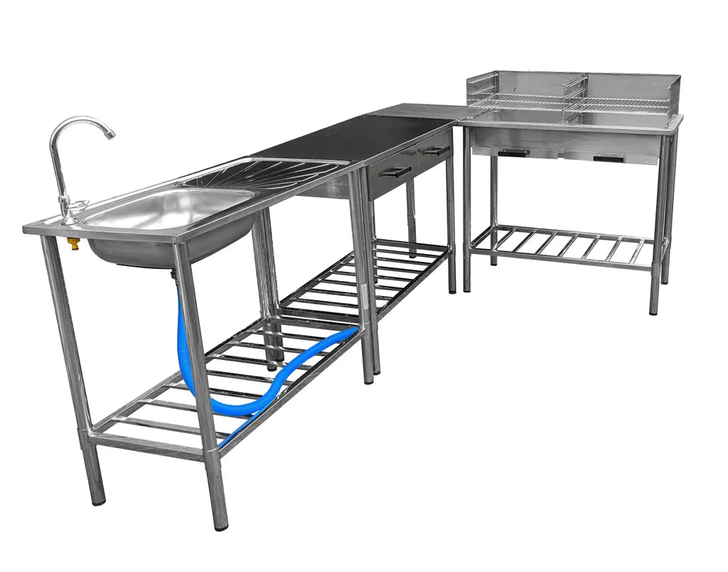 Plan de travail extérieur - Garten BBQ - Cuisine de jardin - Table en acier inoxydable - réglable - 2 tiroirs - 100x50.5x87cm - blanc/gris