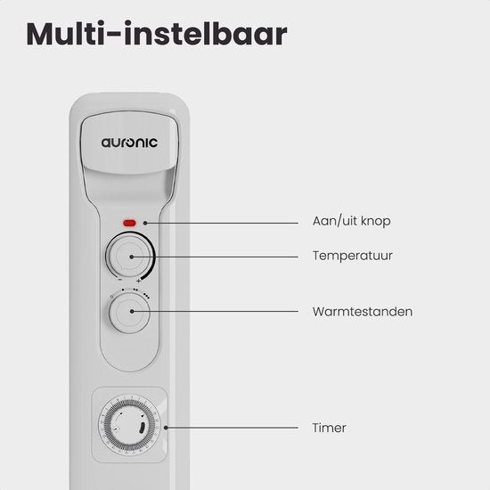 Auronic Radiateur à Huile - Chauffage Électrique avec Thermostat et Minuterie - Puissance Réglable jusqu'à 1500W - Blanc