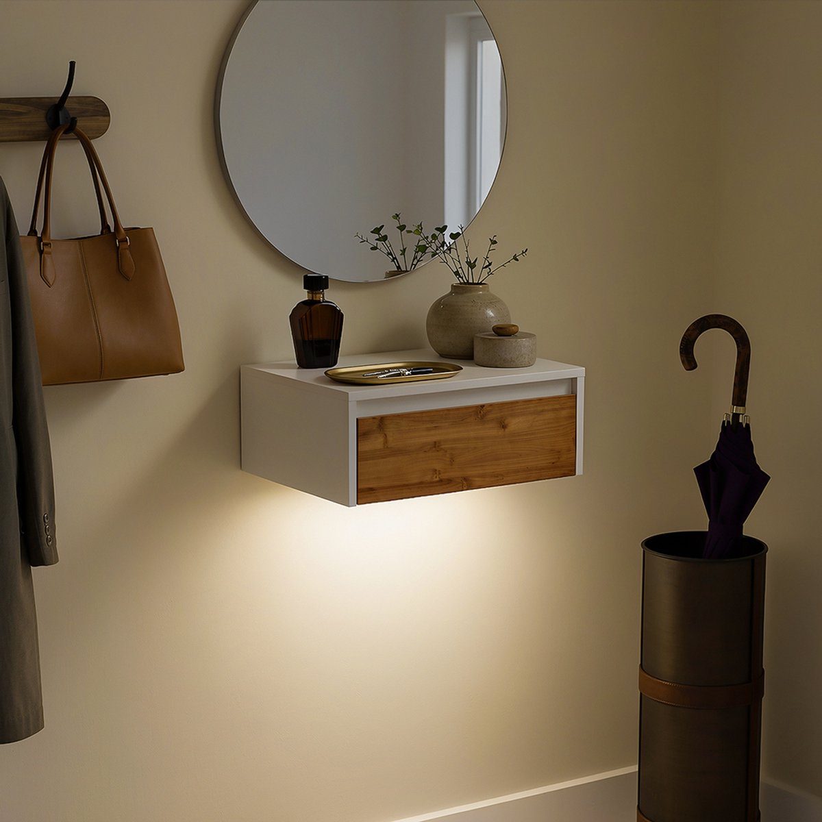 Table de chevet suspendue SoBuy avec éclairage LED - 1 tiroir - Blanc - 29 x 40 x 15 cm