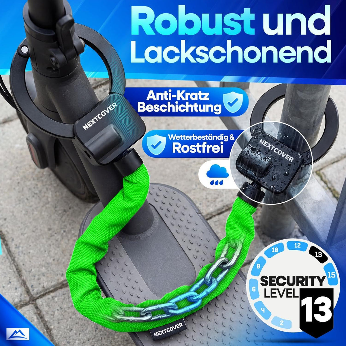 NEXTCOVER Antivol à chaîne pour trottinette électrique 90 cm - Technologie Steel-Secure - 3 clés - Noir