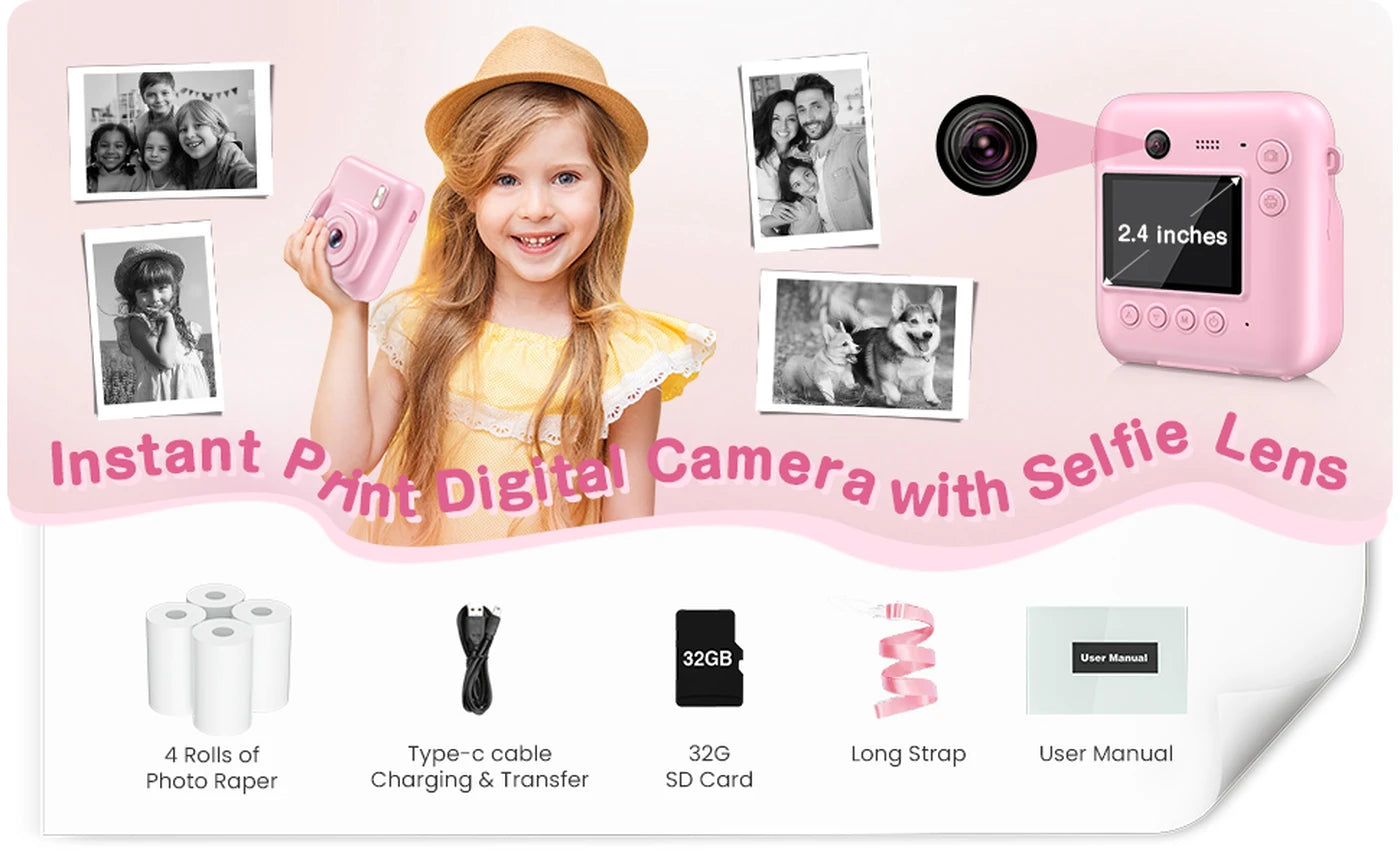 Appareil photo pour enfants Songdian avec impression instantanée DC506 - Bleu - 48 MP - Double objectif - Flash LED - Peut également servir de webcam