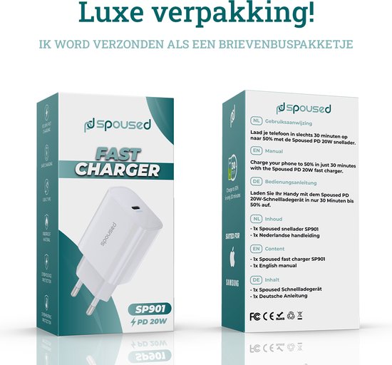 Spoused Adaptateur USB C 20W - Chargeur rapide - Pour iPhone et Samsung - Blanc