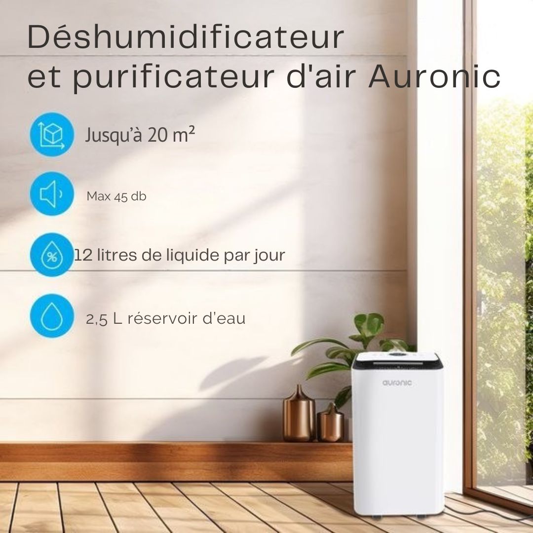 Déshumidificateur 12L Auronic - Avec fonction séchage du linge, Purificateur d'air, 185W, Silencieux (36 dB), Convient pour 48 m³ - Blanc