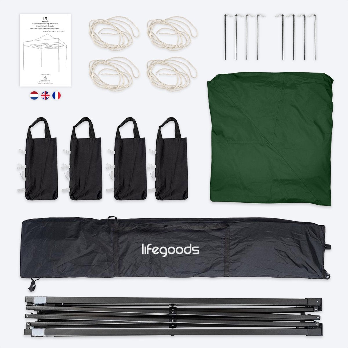 Chapiteau de jardin LifeGoods - 3x3 m - Pliable - Etanche - Sac de transport à roulettes - Vert foncé