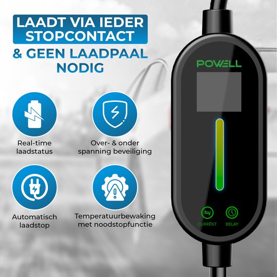 Powell Charging Cable Type 2 - Chargeur domestique mobile Type 2 - 3,5kW - IP67 Waterproof - Câble de 5 mètres - Sac de rangement inclus - Waterproof - Noir/Blanc