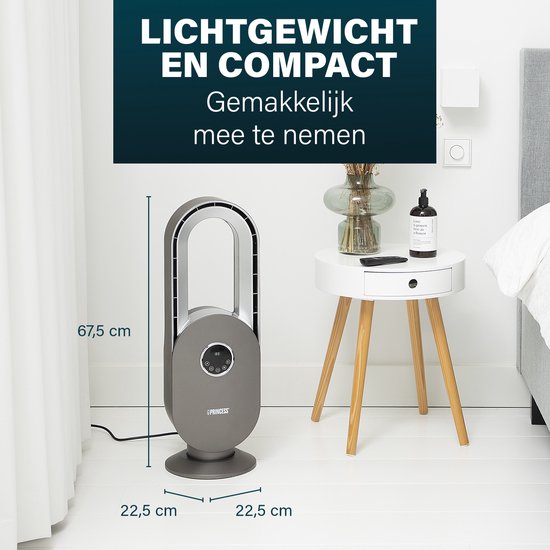 Ventilateur sans pales – 45 W – Oscillant – Minuterie 15 h – Écran LED – Télécommande – Silencieux et puissant – Princess 351500 – Blanc