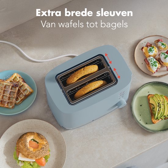 KitchenBrothers Toaster - Grille-pain - 6 niveaux de chaleur réglables - 2 fentes extra-larges - 870W - Bleu pastel