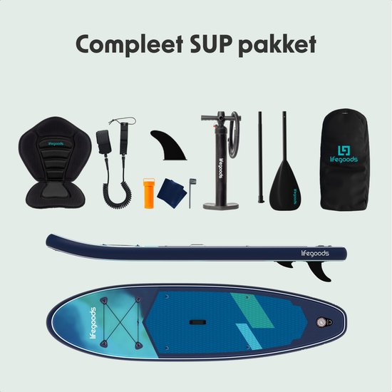 Planche de SUP LifeGoods Allround Compact - avec siège - capacité de charge de 100 kg - 300 x 76 cm - gonflable - kit SUP complet - bleu/vert