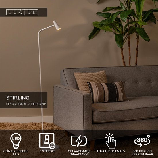 Lucide STIRLING - Lampadaire rechargeable - Batterie - LED à 3 niveaux de réglage de l'intensité - 1x3 W 2700 K - Blanc