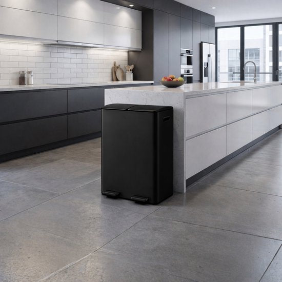 Bayt Poubelle - Poubelle 60 litres (2x30) - Poubelle 60 litres - Poubelle à pédale 60 litres - Poubelle Séparation des déchets - Poubelle 2 compartiments - Poubelle - inox - Noir