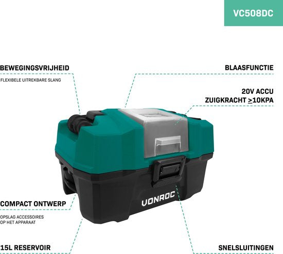 VONROC Nettoyeur / aspirateur compact tout usage - 20V - Accessoires divers - Sans batterie ni chargeur
